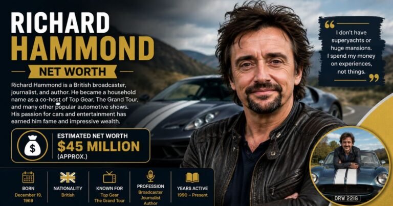 Portrait of Richard Hammond smiling in a black leather jacket with a blurred sports car background.