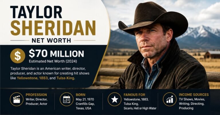 Taylor Sheridan net worth infographic featuring a Western-style portrait, an estimated $70 million net worth, and career details.