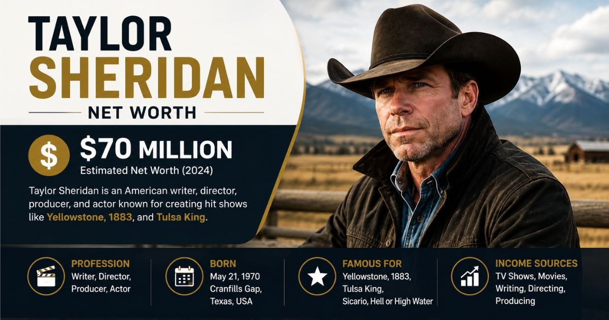 Taylor Sheridan net worth infographic featuring a Western-style portrait, an estimated $70 million net worth, and career details.
