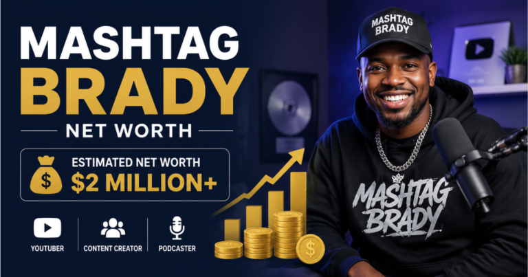Mashtag Brady net worth creator thumbnail with money and studio background.